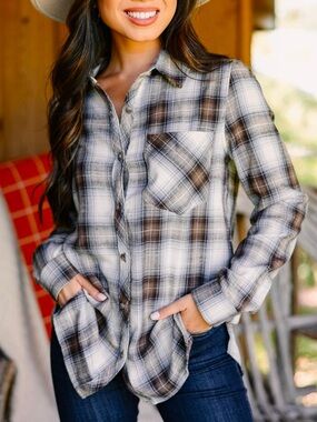 BE COOL Soft Neutral Tone Plaid Flannel Button Down Top